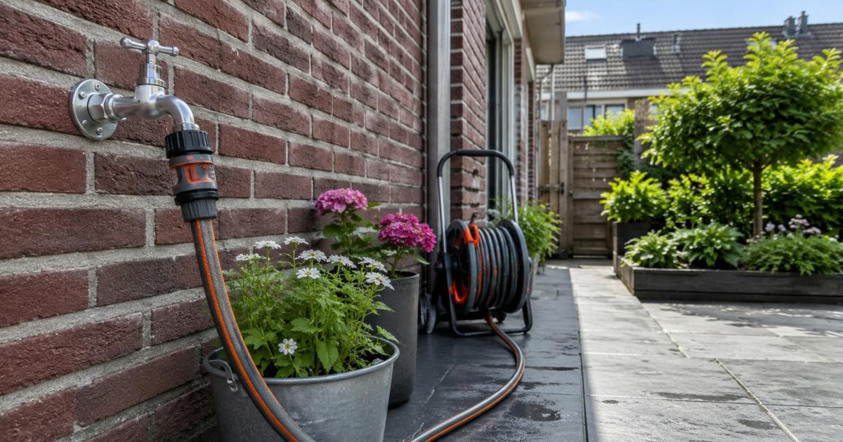 Buitenkraan met tuinslang in een verzorgde tuin in Tilburg